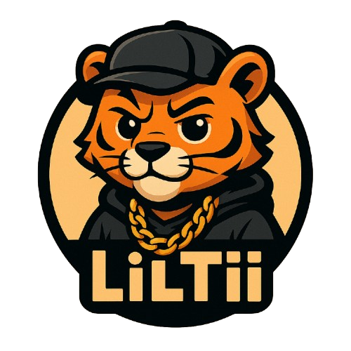 A round logo of a cartoon tiger in a hoodie, cap, and gold chain with the text 'LilTii' below.
