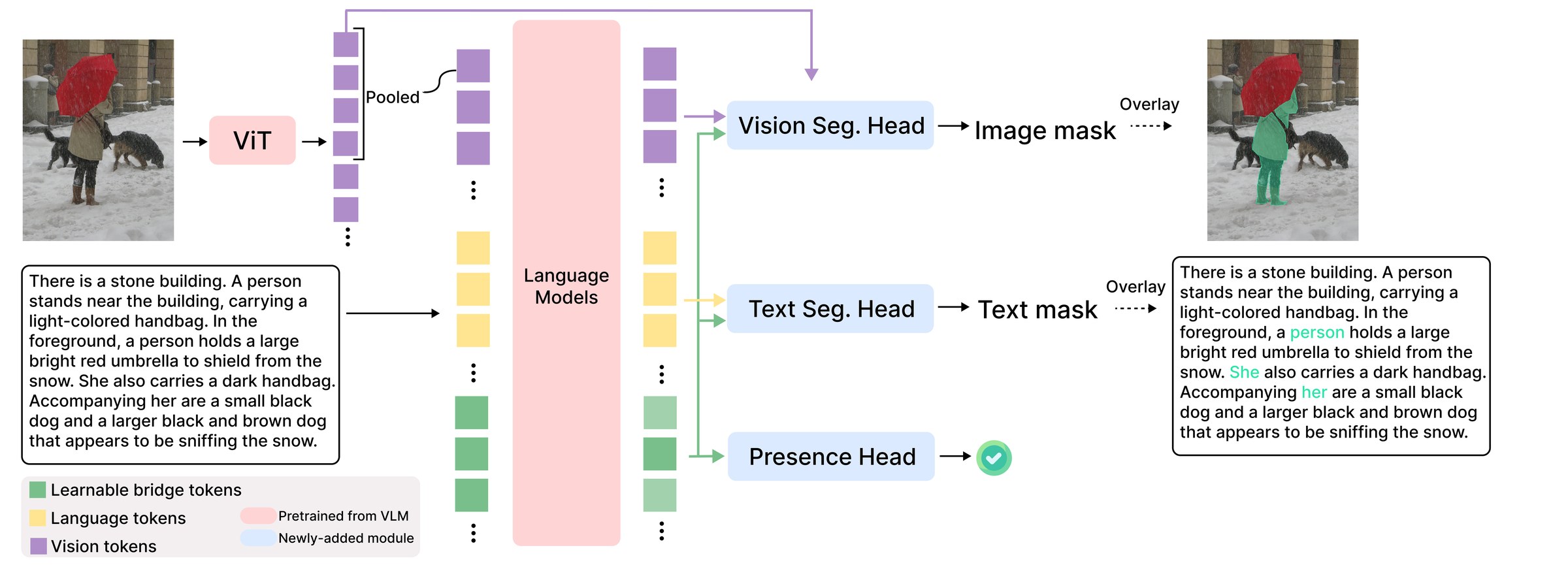 ConCor-1 architecture: vision tokens from the ViT and language tokens from the text enter the pretrained VLM alongside a set of learnable bridge tokens; each bridge token's output state feeds a vision segmentation head, a text segmentation head and a presence head, producing one image mask, one text mask and one presence score per candidate correspondence.