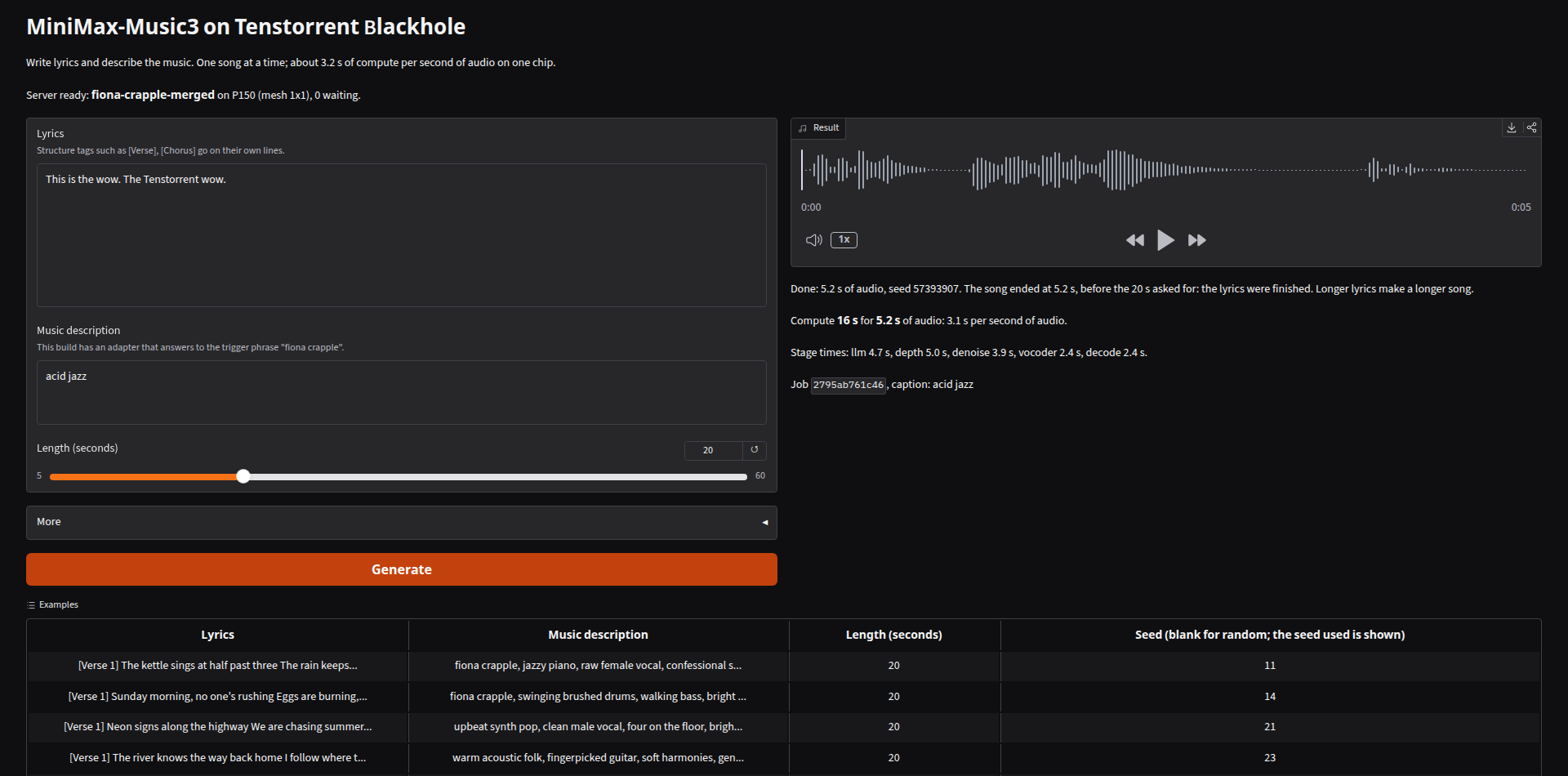The Gradio page with a finished song: waveform, player, length, seed and stage times