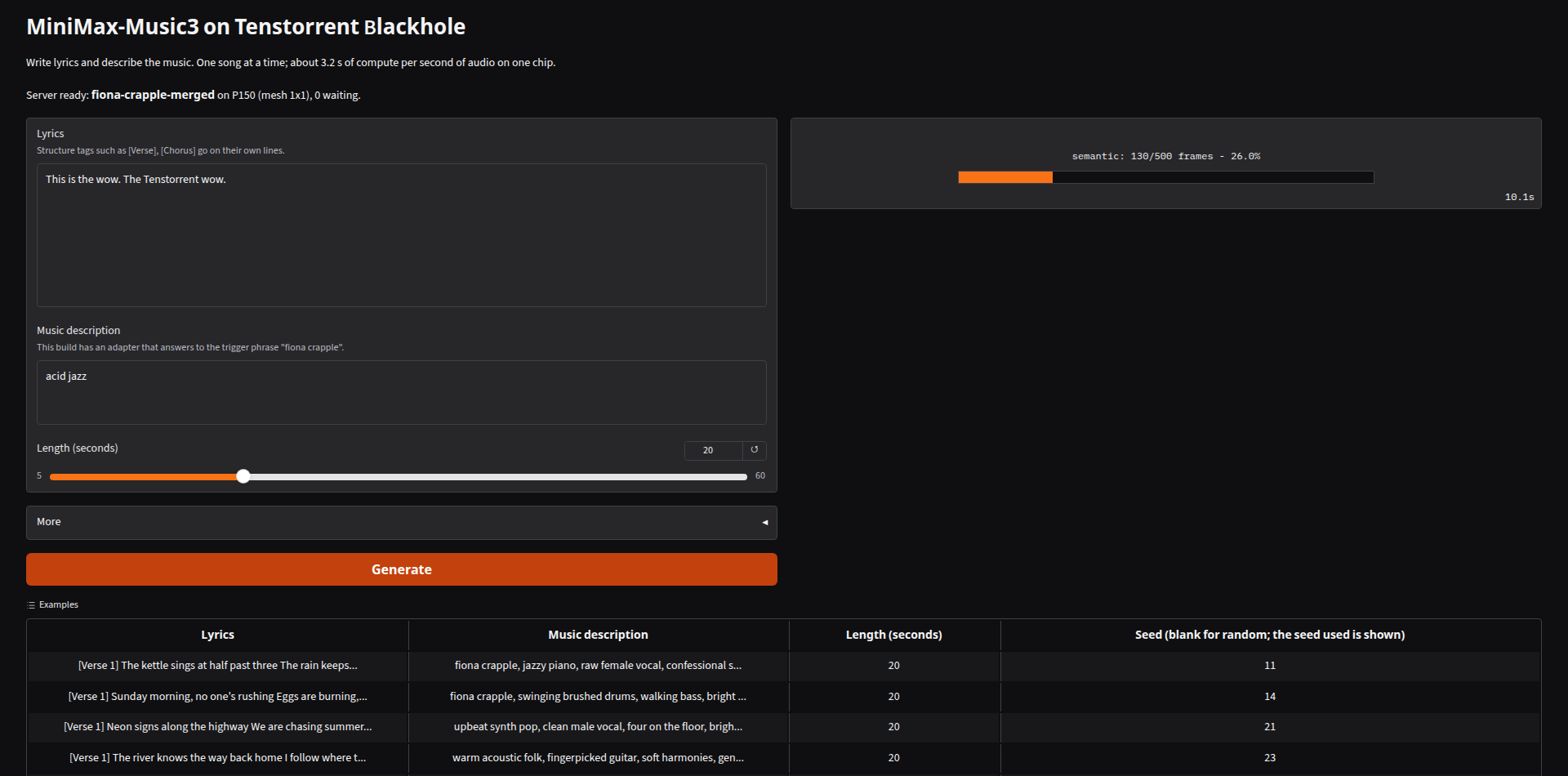 The Gradio page while a song is generating, with the progress bar