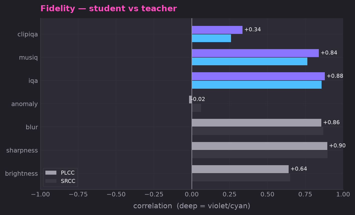 Fidelity (PLCC / SRCC vs teacher)