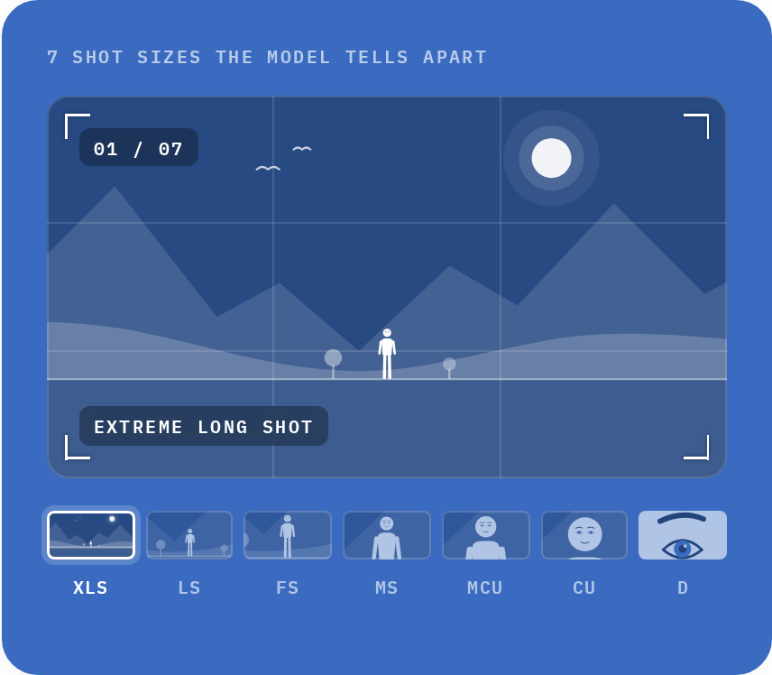 Seven shot sizes, from extreme long shot to detail