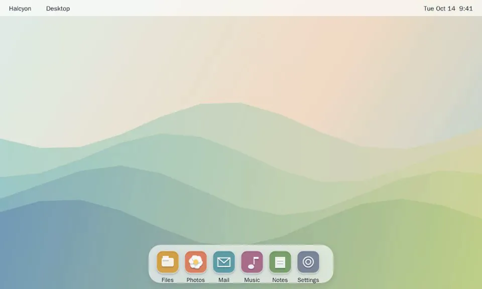 blink-mimo-9b working on the drawn desktop: a canvas desktop with a dock of app icons for Files, Photos, Mail, Music, Notes and Settings.